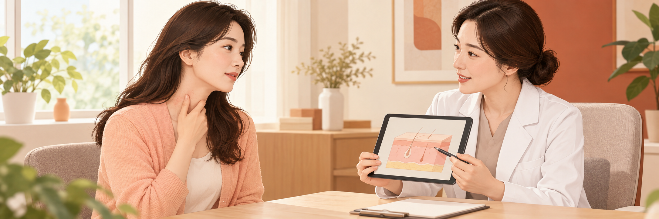 피부에 생긴 돌기를 의사에게 보여주며 상담하는 안내 일러스트